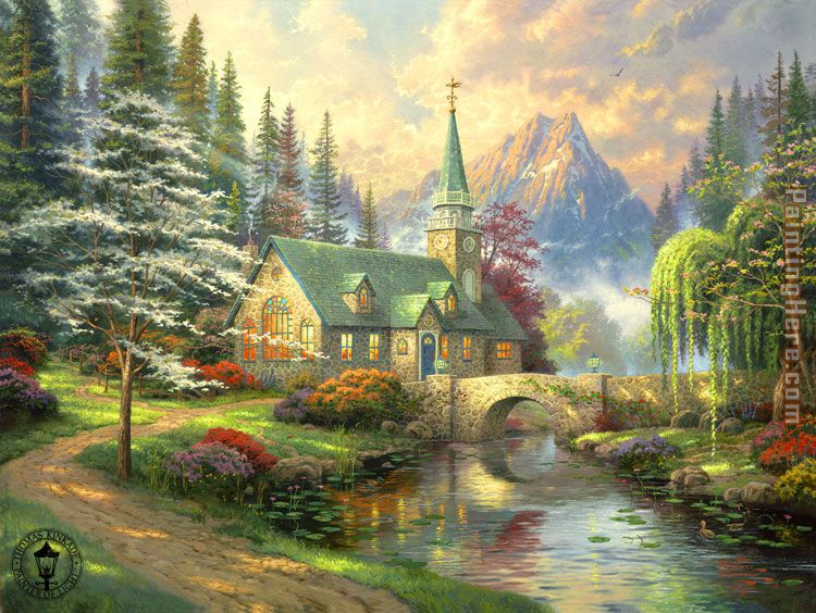 Dogwood Chapel painting - Thomas Kinkade Dogwood Chapel art painting